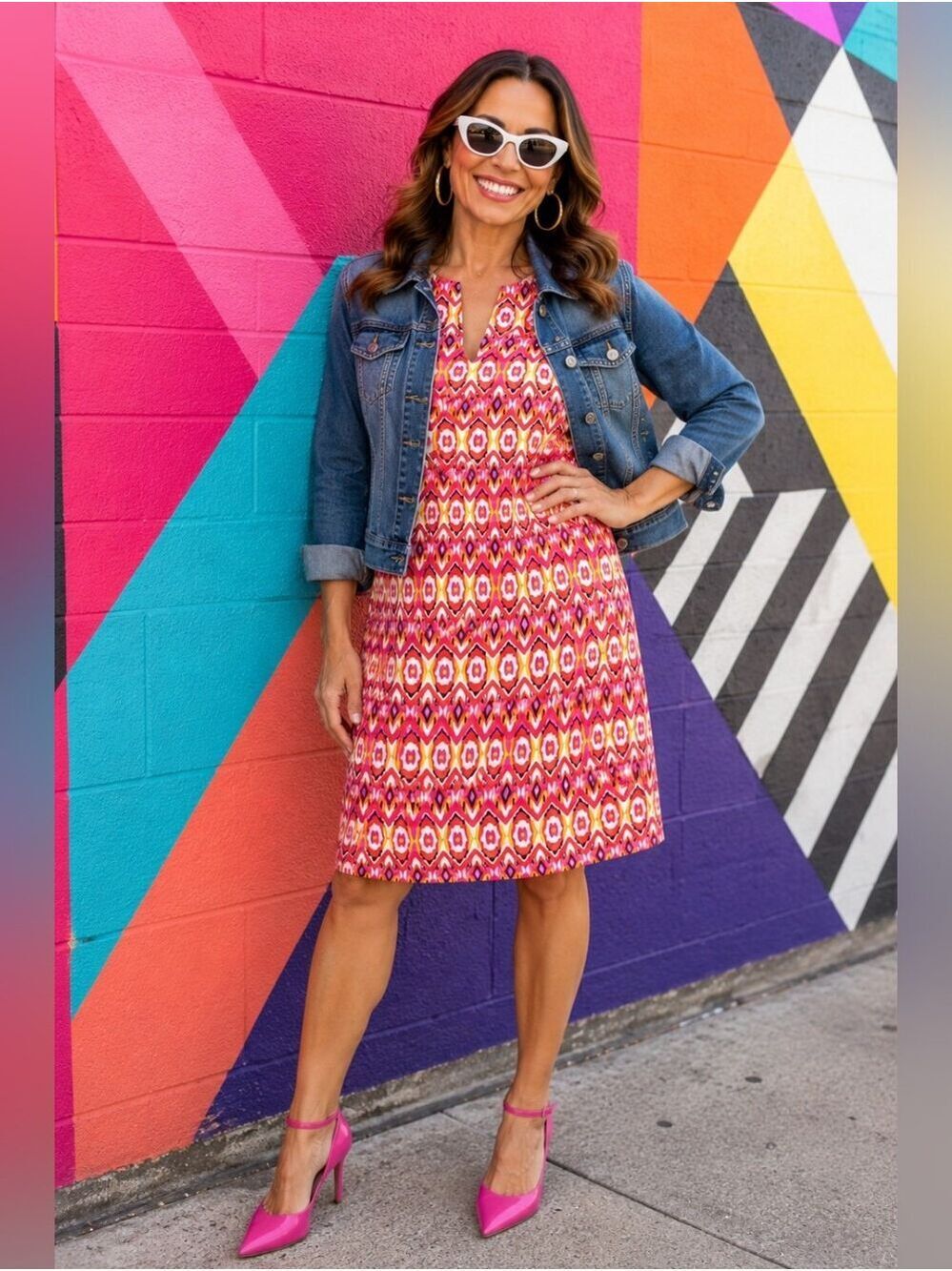 Jude Connally Pink Geometric Shift Dress USA Large Resort Preppy